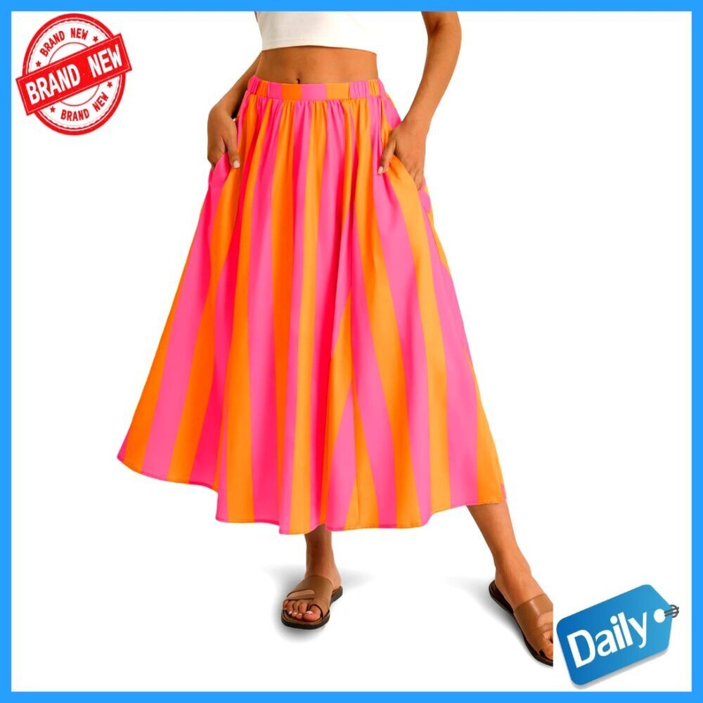 Summer Maxi Skirt Elastic Waist A-Line Flowy Boho Beach Vacation Outfit
